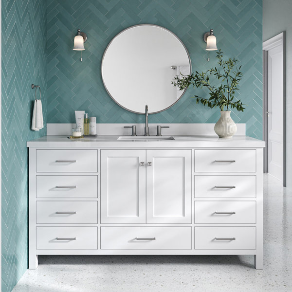 Grevera 67 Single Bathroom Vanity with White Quartz Top Hokku Designs Hardware Finish Brushed Nickel Base Finish White